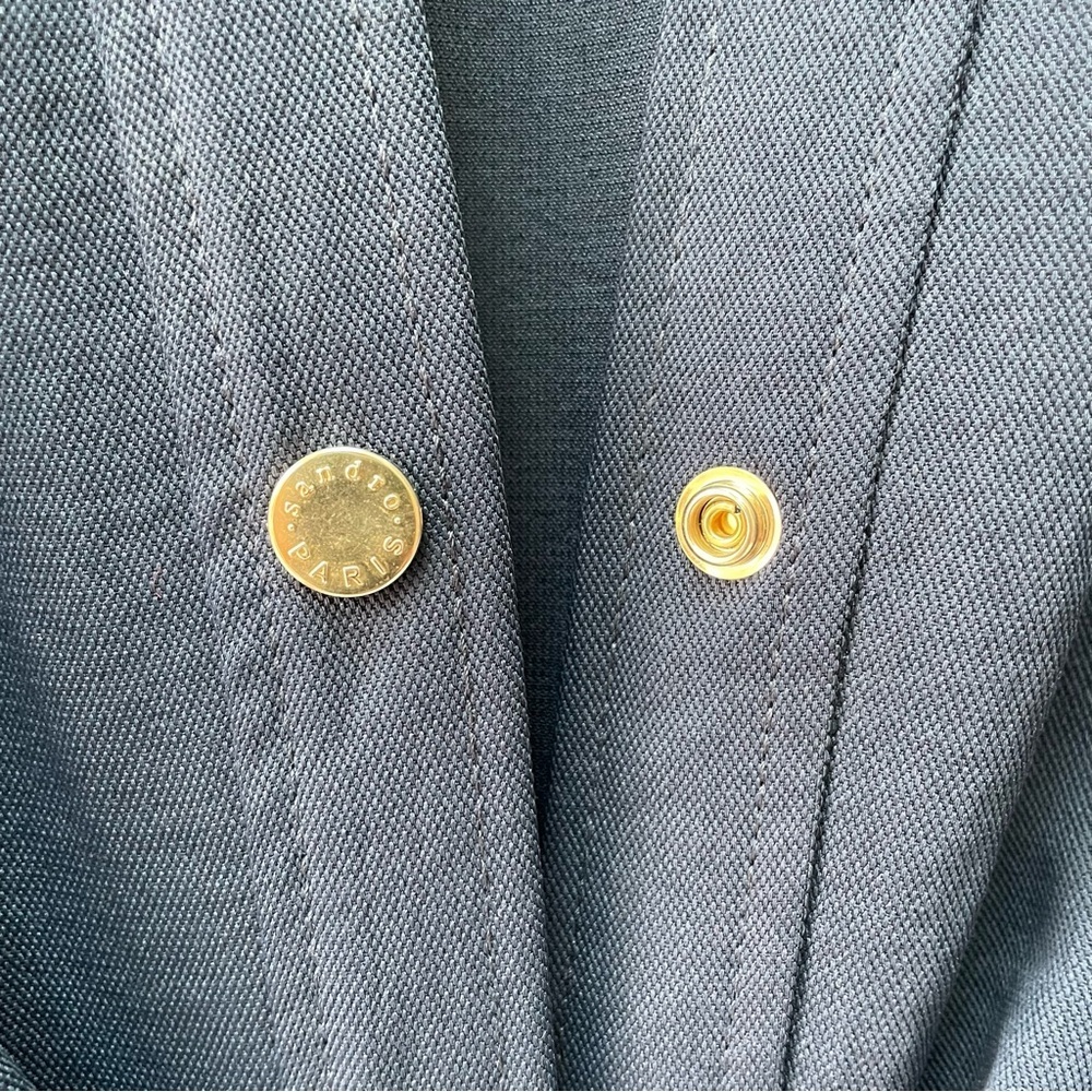 Sandro Paris Karmelia Navy Gold Button Front Sleeve Dress 3/4 Sleeve Size 40 - Picture 10 of 11